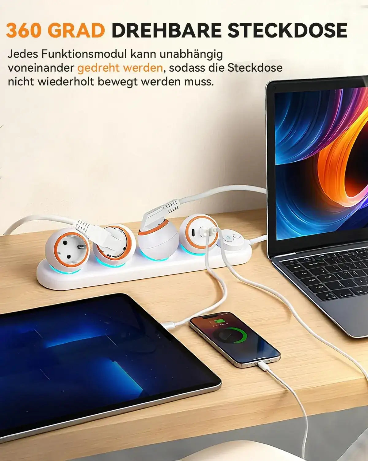 360 Degree Rotating Power Strip 3-Way Power Strip with 2 USB-C and LED Light