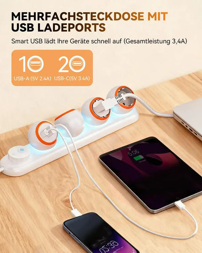 360 Degree Rotating Power Strip 3-Way Power Strip with 2 USB-C and LED Light