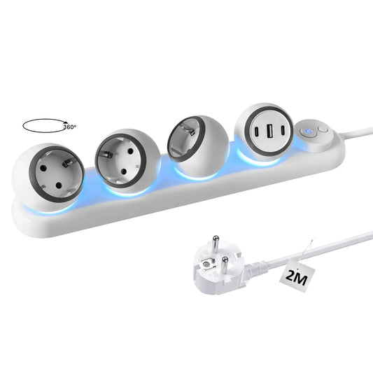 360 Degree Rotating Power Strip 3-Way Power Strip with 2 USB-C and LED Light