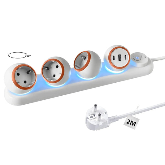 360 Degree Rotating Power Strip 3-Way Power Strip with 2 USB-C and LED Light
