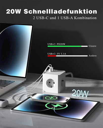 PD20W Socket Cube with 3 USB and Flat Plugs