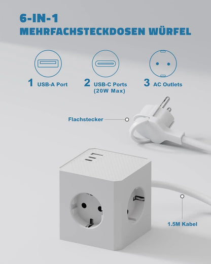 PD20W Socket Cube with 3 USB and Flat Plugs