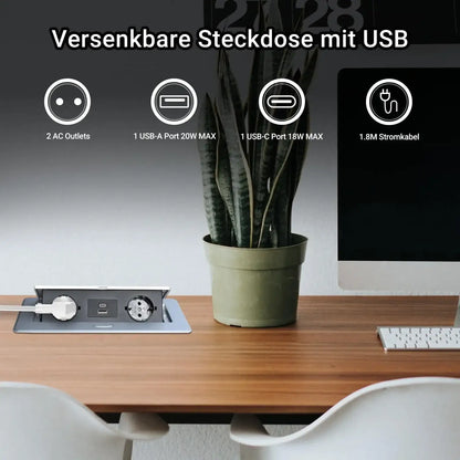 Retractable Socket Built-in Socket with PD20W USB-C Quick Charge Function Table Socket for Desk Kitchen Worktop