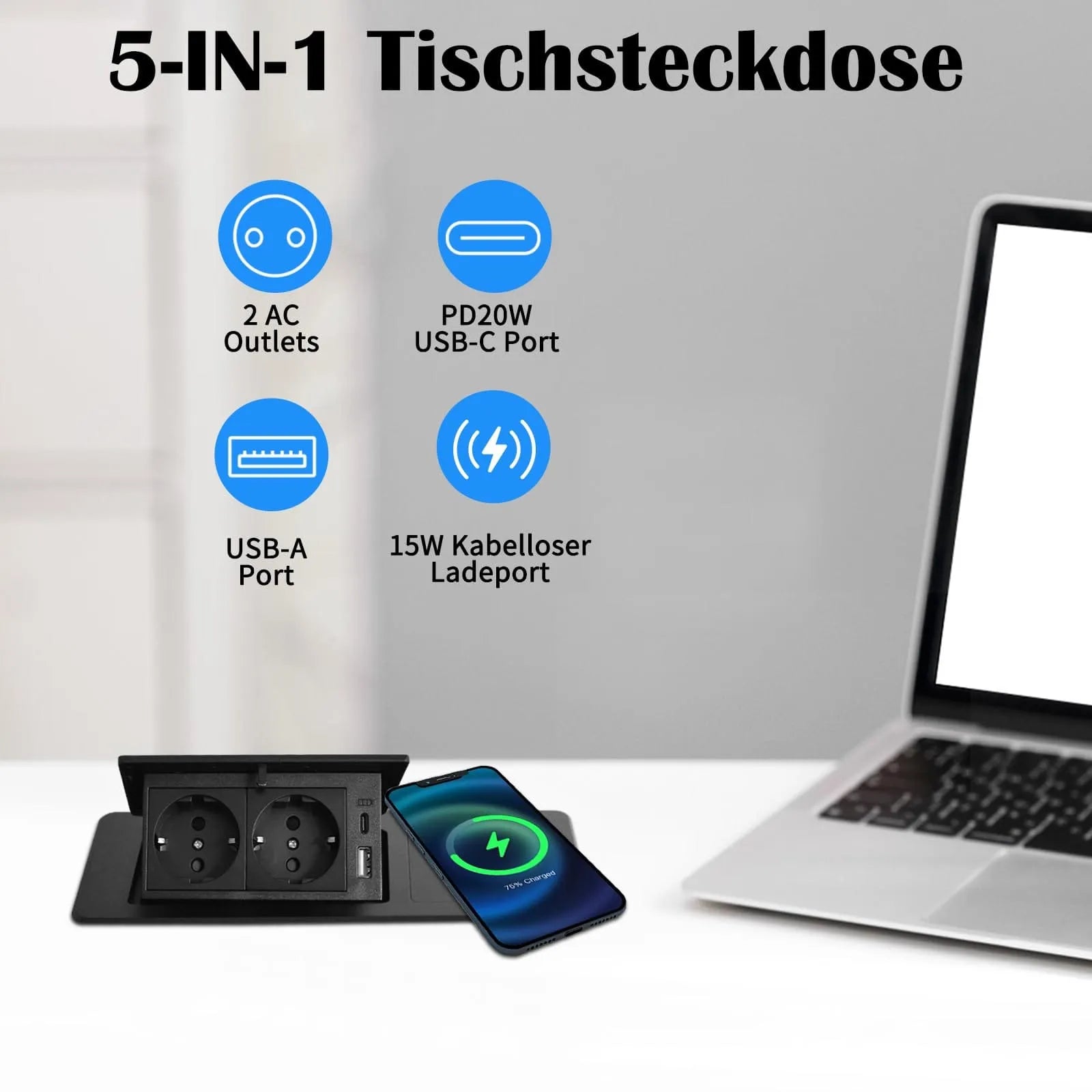 Retractable Socket PD20W USB C and 15W Wireless Charging